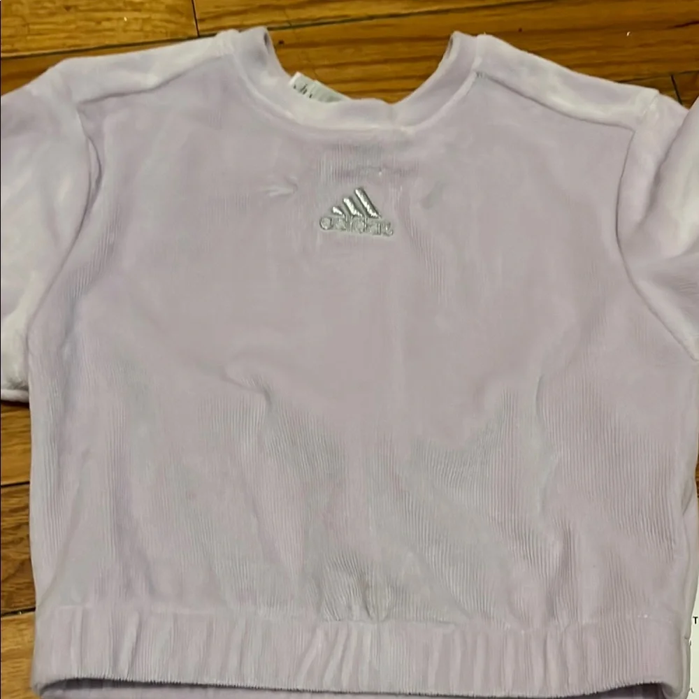 Adidas Lavender Velvet Set flare pants crew sweatshirt